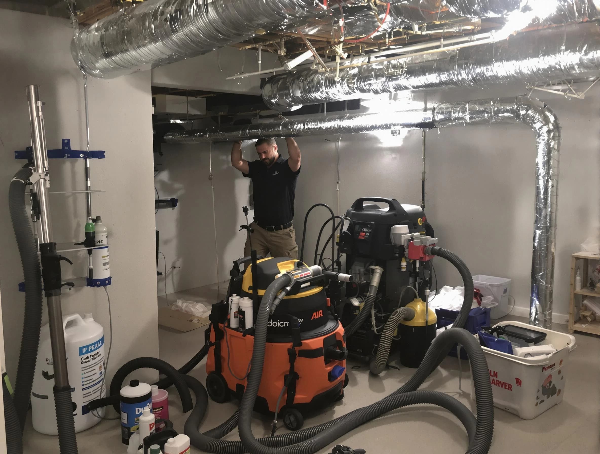 Parker Air Duct Cleaning specialist performing professional mold removal from air ducts using safety equipment in Parker